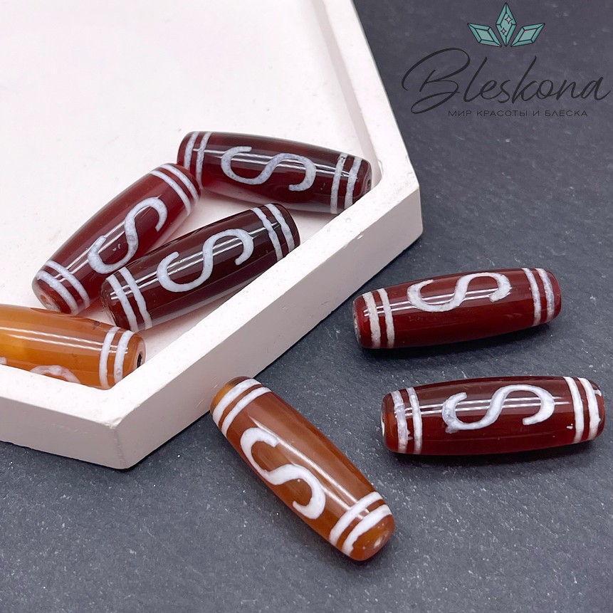 Бусина Дзи Денежный крючок бело-коричневый бочонок 30*11 мм