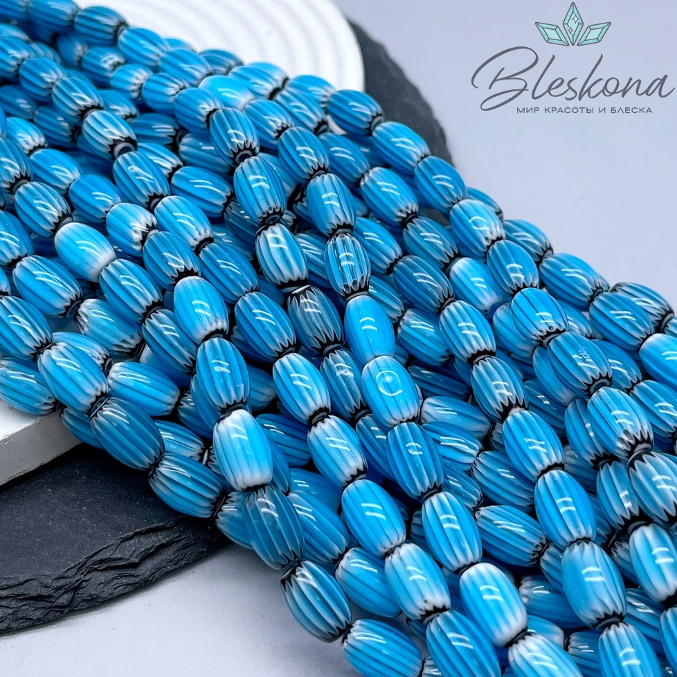 Муранское стекло бочата черно- голубые, полосы 12*8 мм