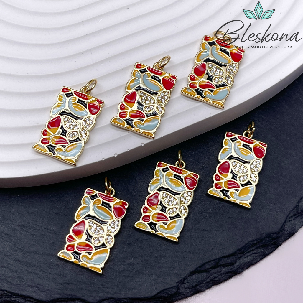 22,5*13 мм Цвет золото, Подвеска прямоугольник бабочки цветная эмаль с цирконами