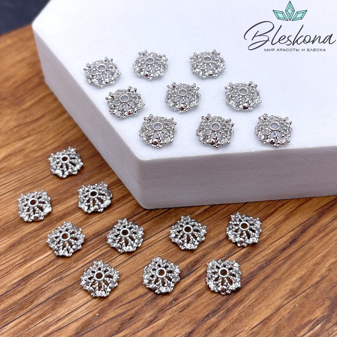 8 мм Цвет серебро, Шапочка цирконы