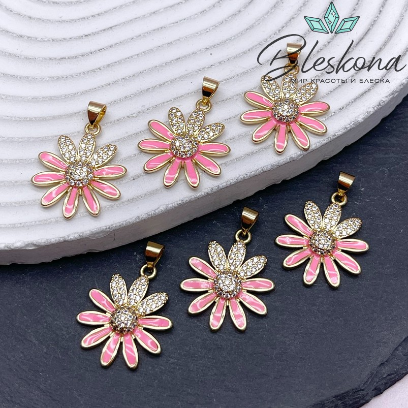 23,5*19 мм Цвет золото, Подвеска ромашка с цирконами, розовая эмаль