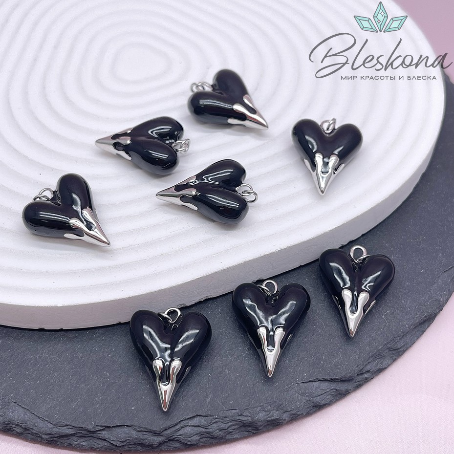 19,5*24,5 мм Цвет серебро, Подвеска Сердце черная эмаль 