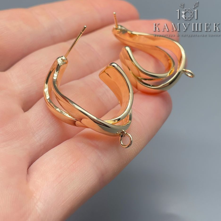 33,5мм, цвет золото, Пусеты двойные объемные