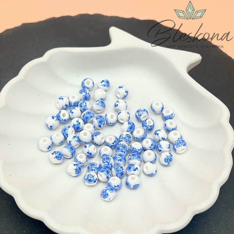 6 мм Керамика Бусина роспись гжель №3 (штучно)