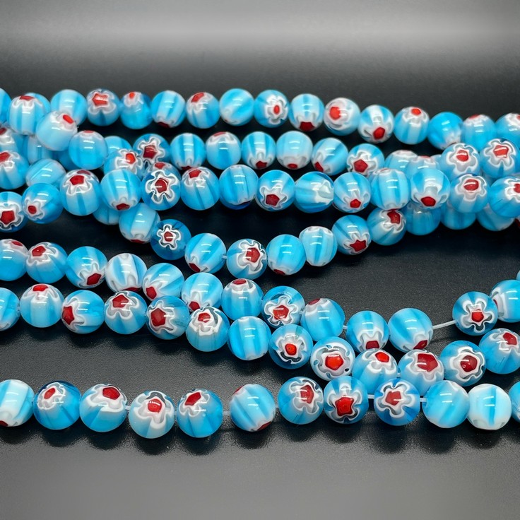 Муранское стекло синее цветы красные 8мм