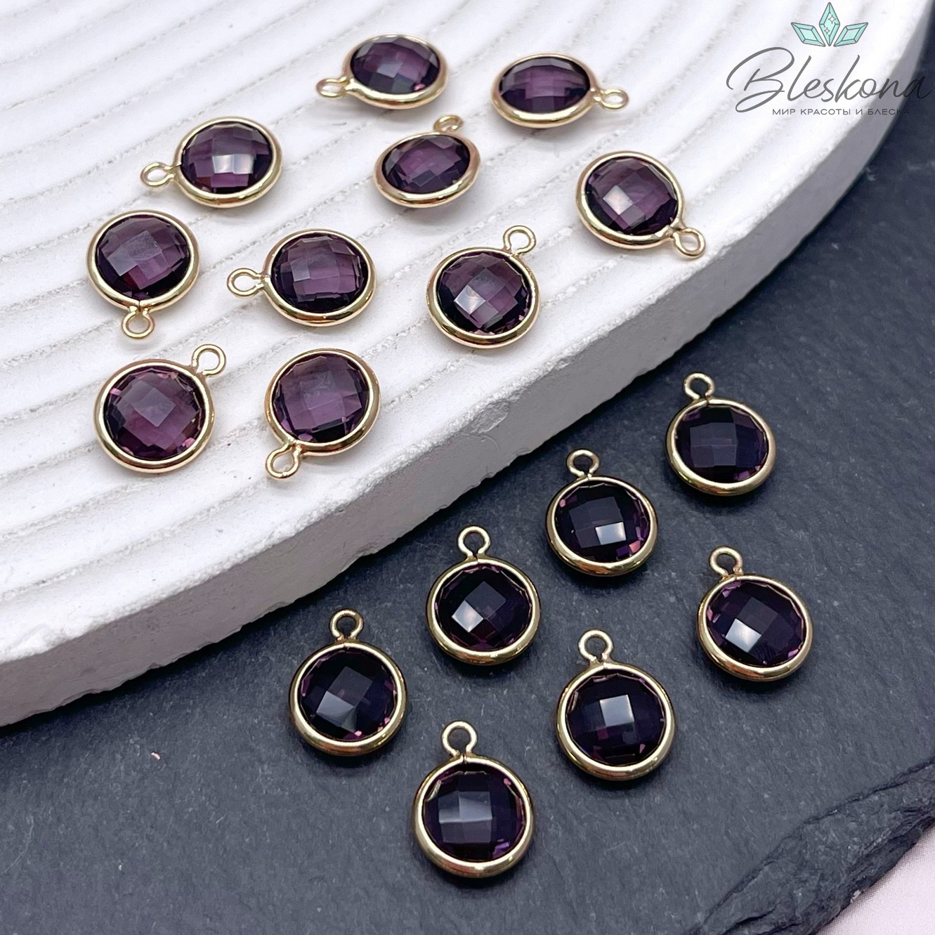 9 мм, Подвеска круг фиолетовый , цвет золото