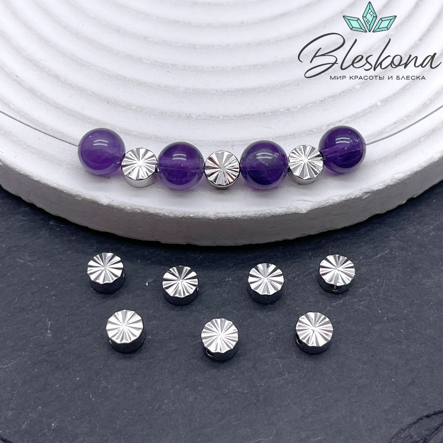 Ø6 мм, Цвет серебро, Бусина таблетка с насечками 