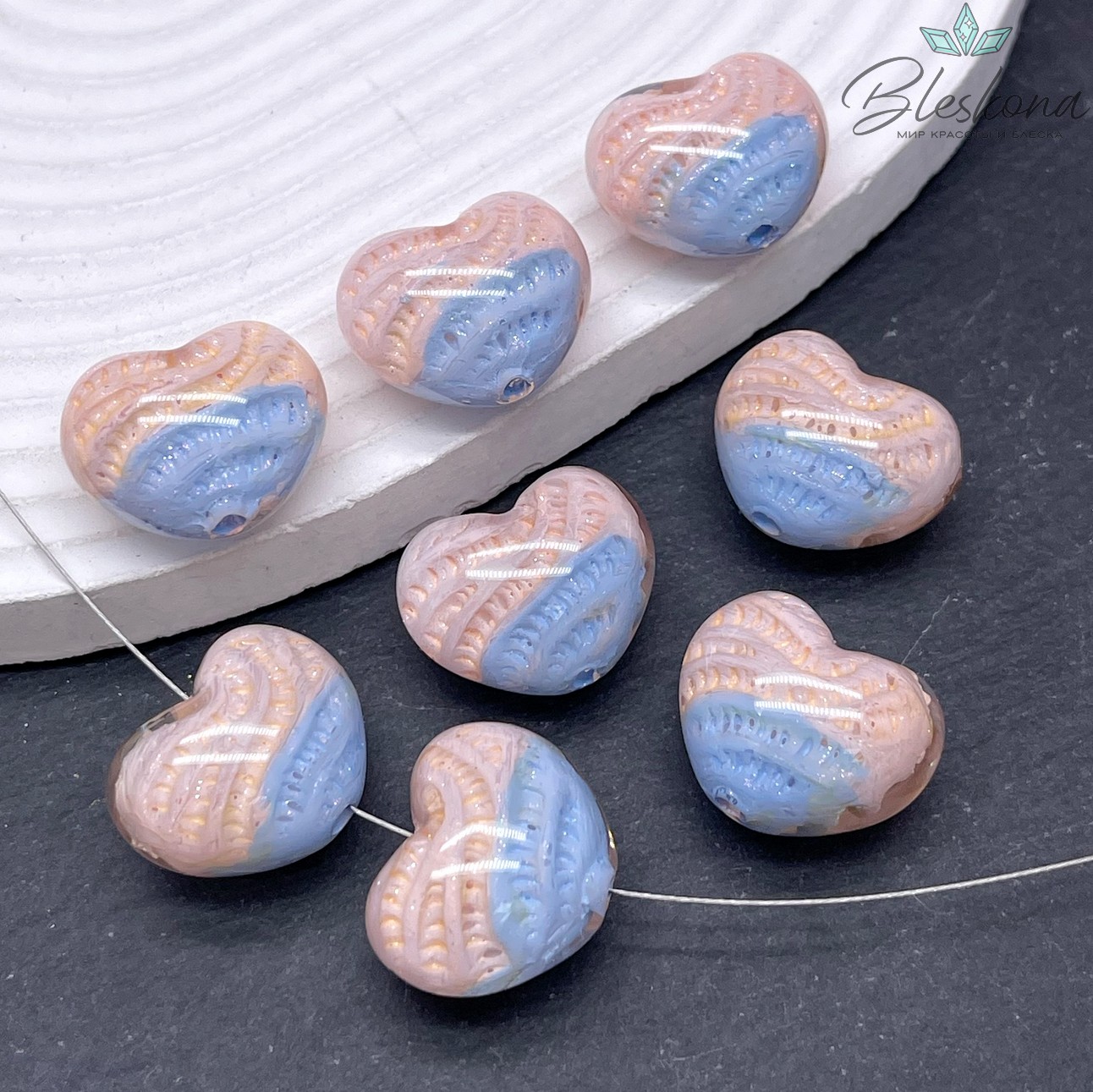 18*22 мм Бусина зефирное сердце  персиково- голубое