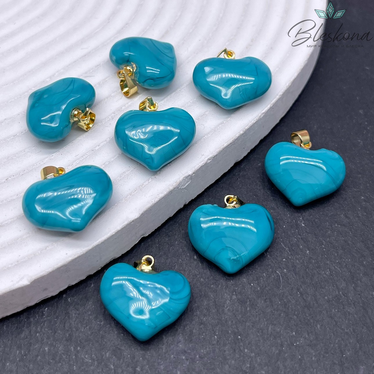 17 мм, Цвет золото, Подвеска сердце стекло бирюзовое