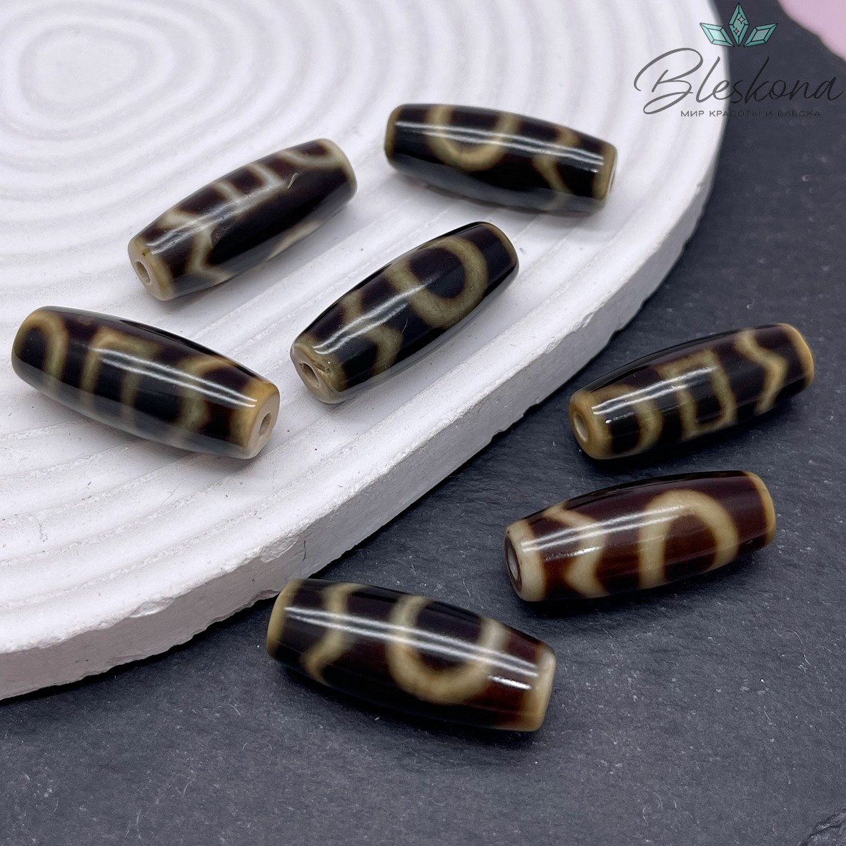 Бусина Дзи Небо, Земля, Волна черно-коричневый бочонок 28*12 мм