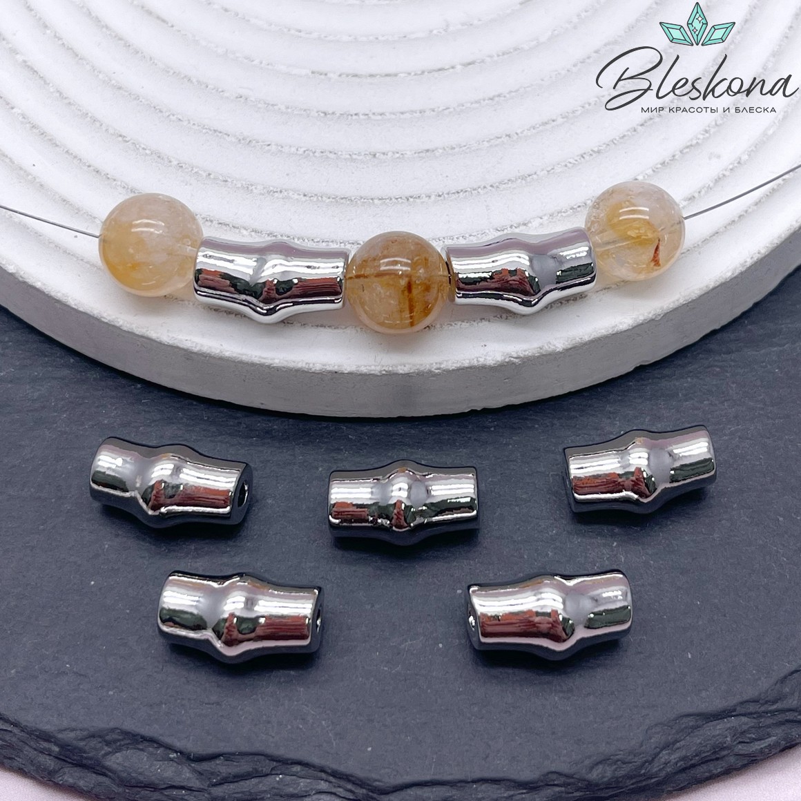 15*8,6 мм Цвет серебро, Бусина трубочка бамбук