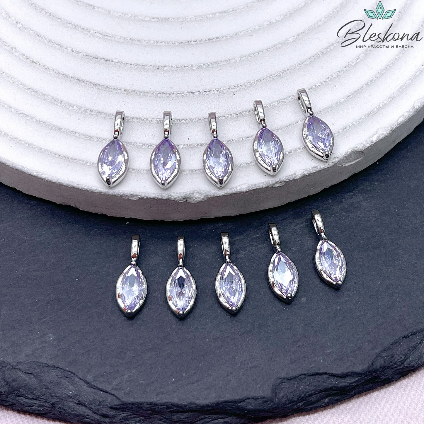 15*5,5 мм Цвет серебро, Подвеска капля с фиолетовым цирконом