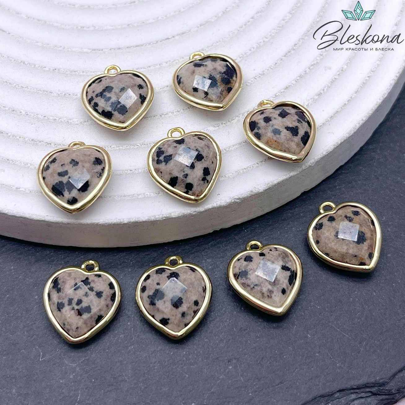 13*15мм,Цвет золото,Подвеска Сердце Далматиновая яшма огранка