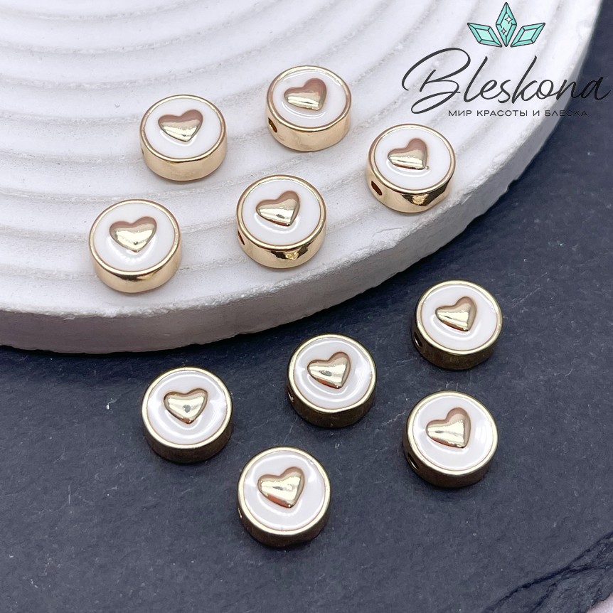 10мм Цвет золото,Бусина сердце белая эмаль 