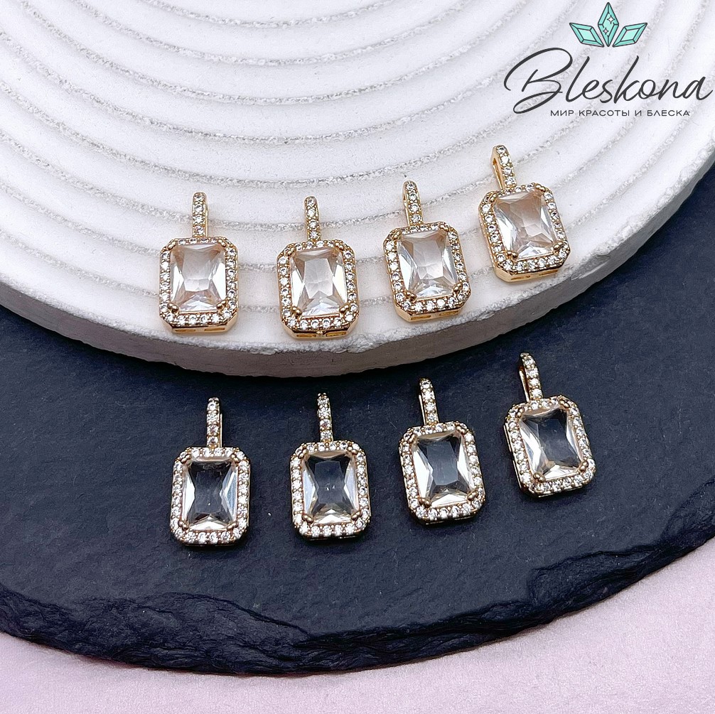 16*8,8 мм Цвет золото, Подвеска прямоугольник белый циркон