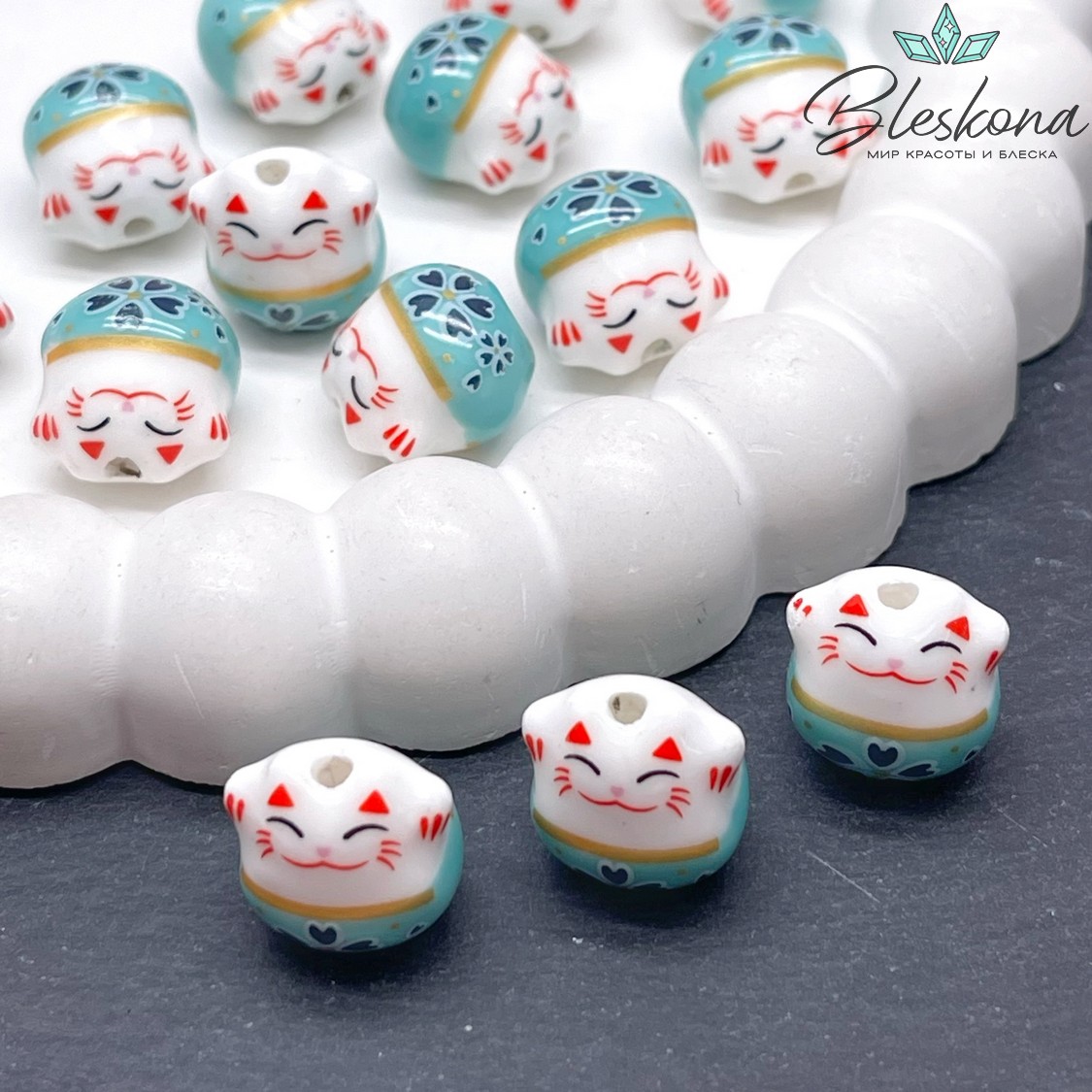 13,5*13 мм Керамика бусина Котик бирюзовый