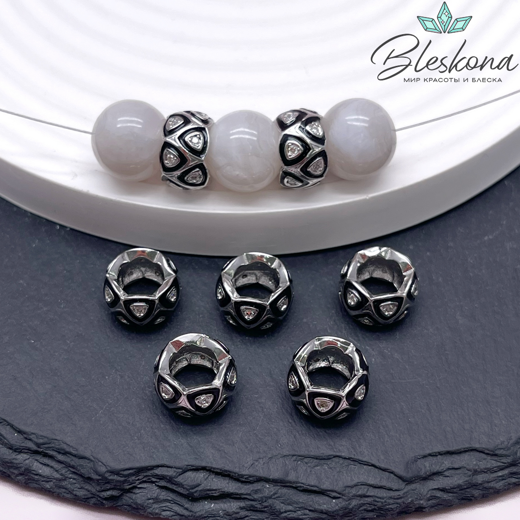 7*12 мм Цвет серебро, Бусина бочонок эмаль цирконы