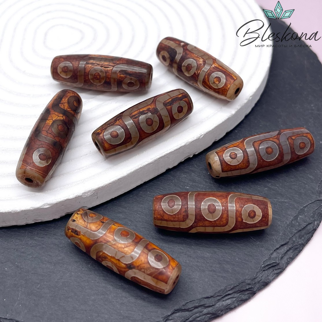 Бусина Дзи 9 глаз серо-коричневый бочонок 40*14 мм