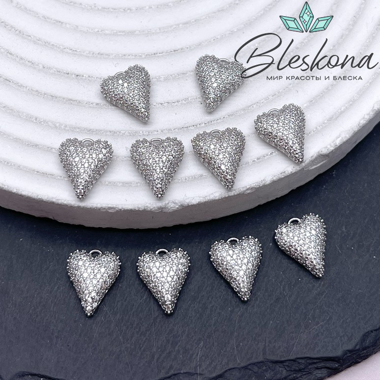 12,5*10 мм Цвет серебро, Подвеска сердце цирконы