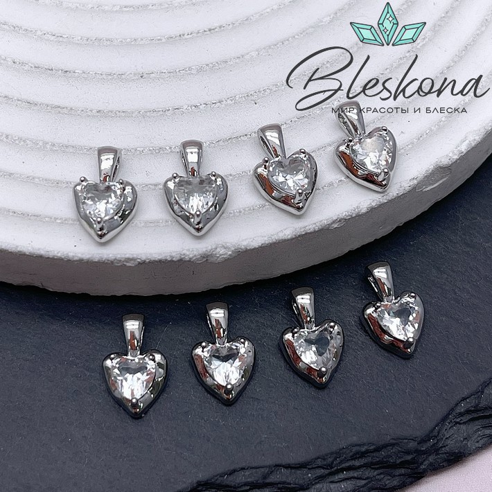 12*8 мм Цвет серебро, Подвеска Сердце белый циркон