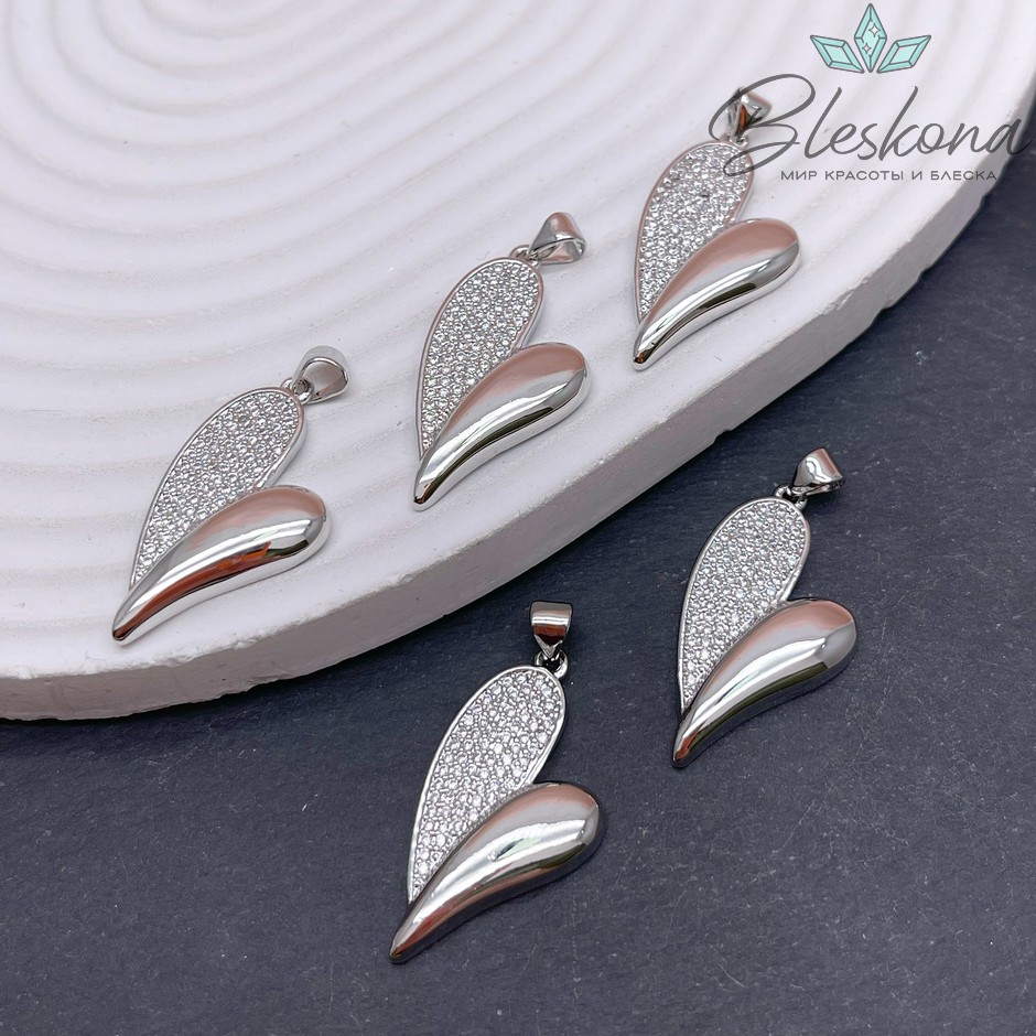 30*16 мм Цвет серебро, Подвеска Сердце цирконы с бейлом