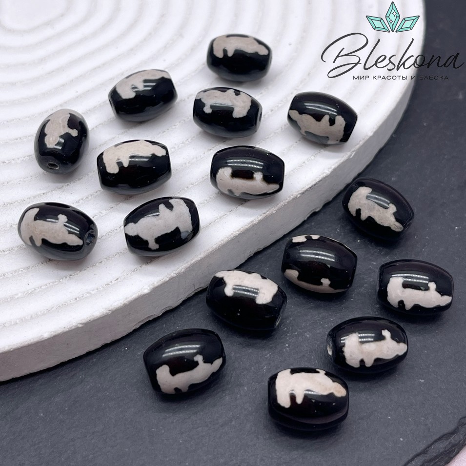 Бусина Дзи Гуань Инь черно-белый бочонок 10*14 мм