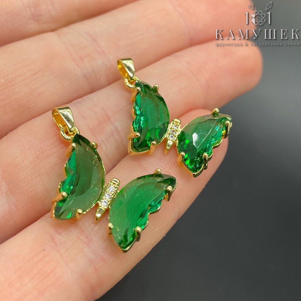 16*22мм, Цвет золото, Подвеска Бабочка зеленое стекло 