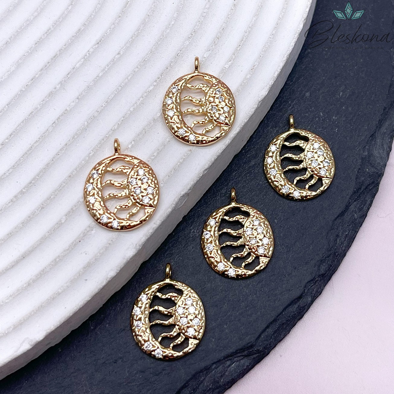 18*14 мм Цвет золото, Подвеска солнце и луна цирконы 