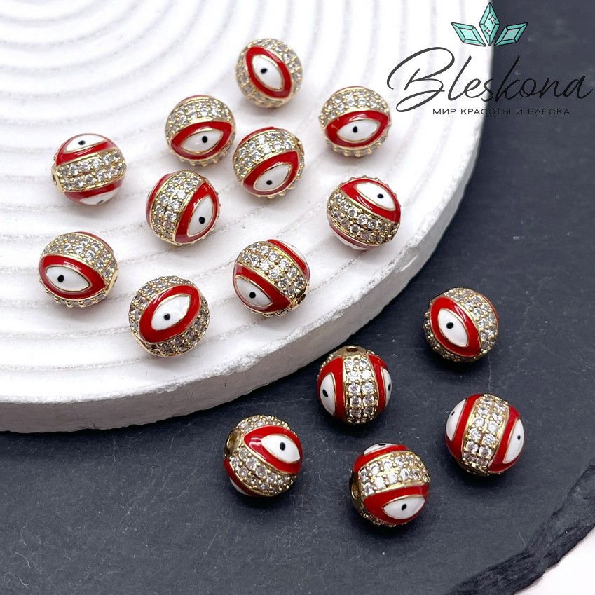 10,5 мм Цвет золото, Бусина с глазком красная эмаль