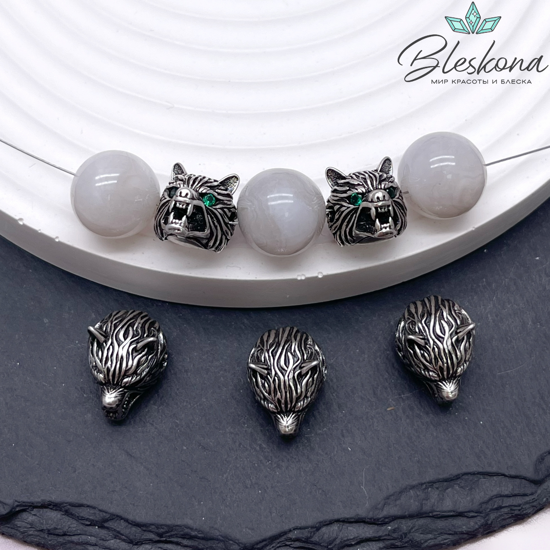 11*14,5 мм, цвет серебро, Бусина Волк цирконы