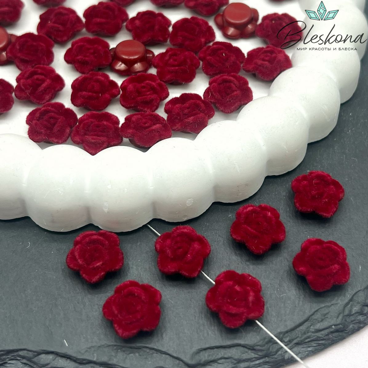 12мм Бархатная бусина Цветок - Роза, Цвет бордо