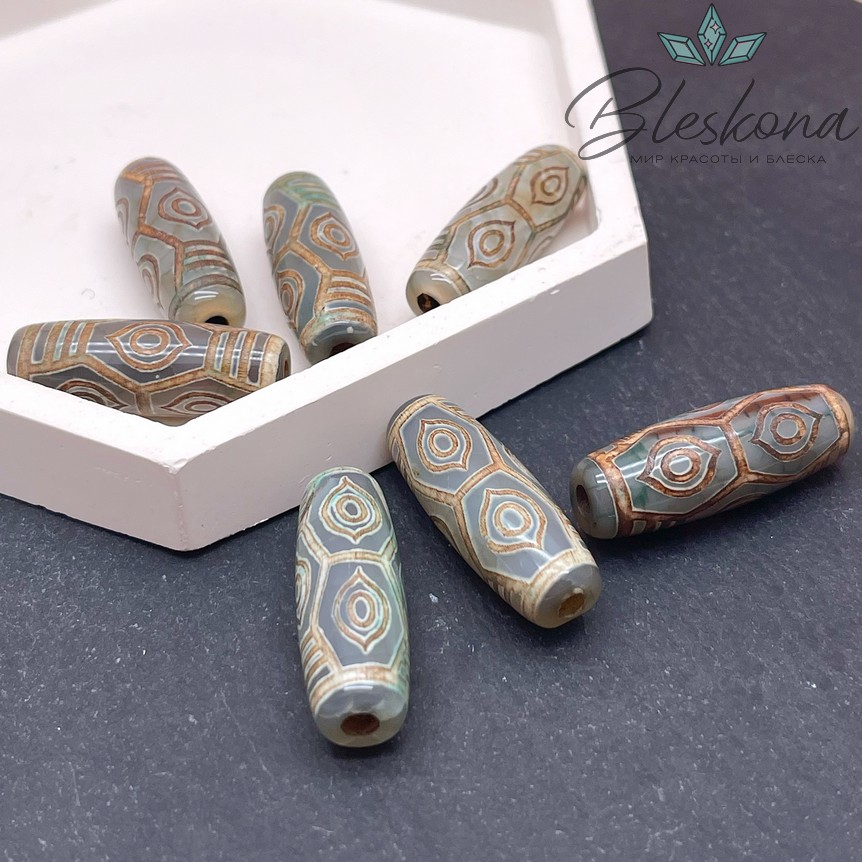 Бусина Дзи 6 глаз Феникса зелено-коричневый бочонок 30*11мм