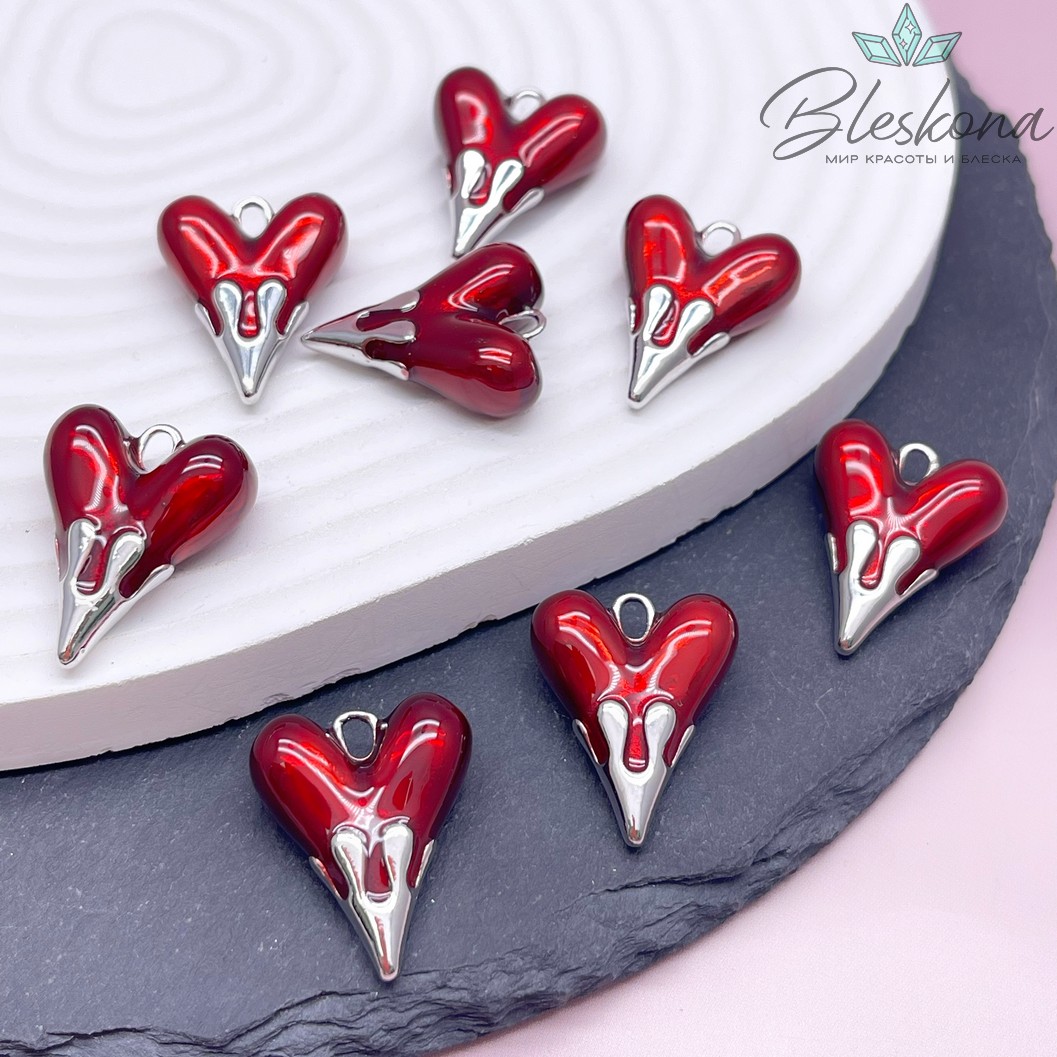 19,5*24,5 мм Цвет серебро, Подвеска Сердце красная эмаль 