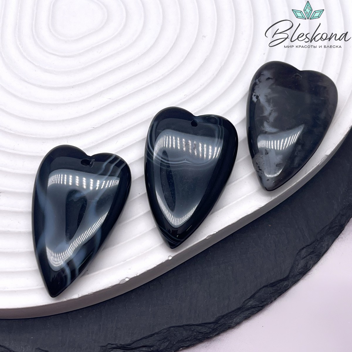 25*40 мм Подвеска Сердце Черный Агат с прожилками