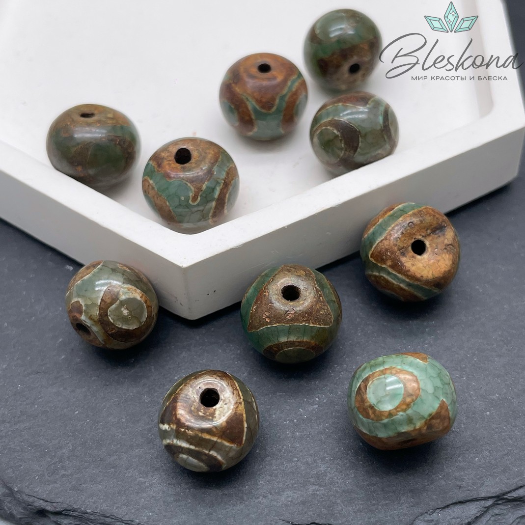 Бусина Дзи 3 глаза зелено-коричневый рондель 10*14 мм