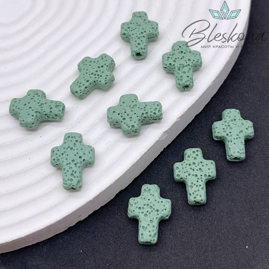Лава Вулканическая Бусина крест зеленый 17*13 мм