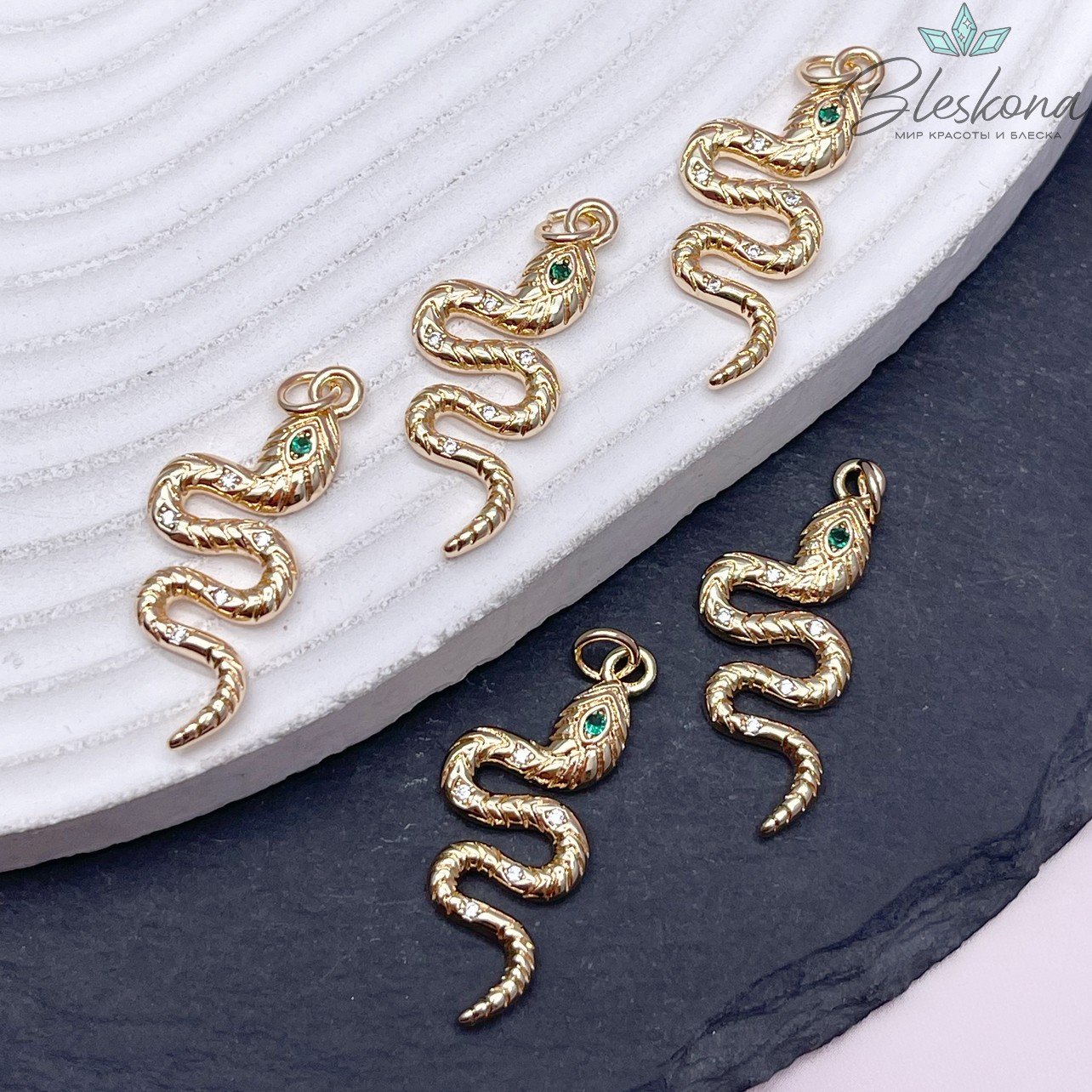 30*12мм Цвет золото, Подвеска змея зеленый циркон