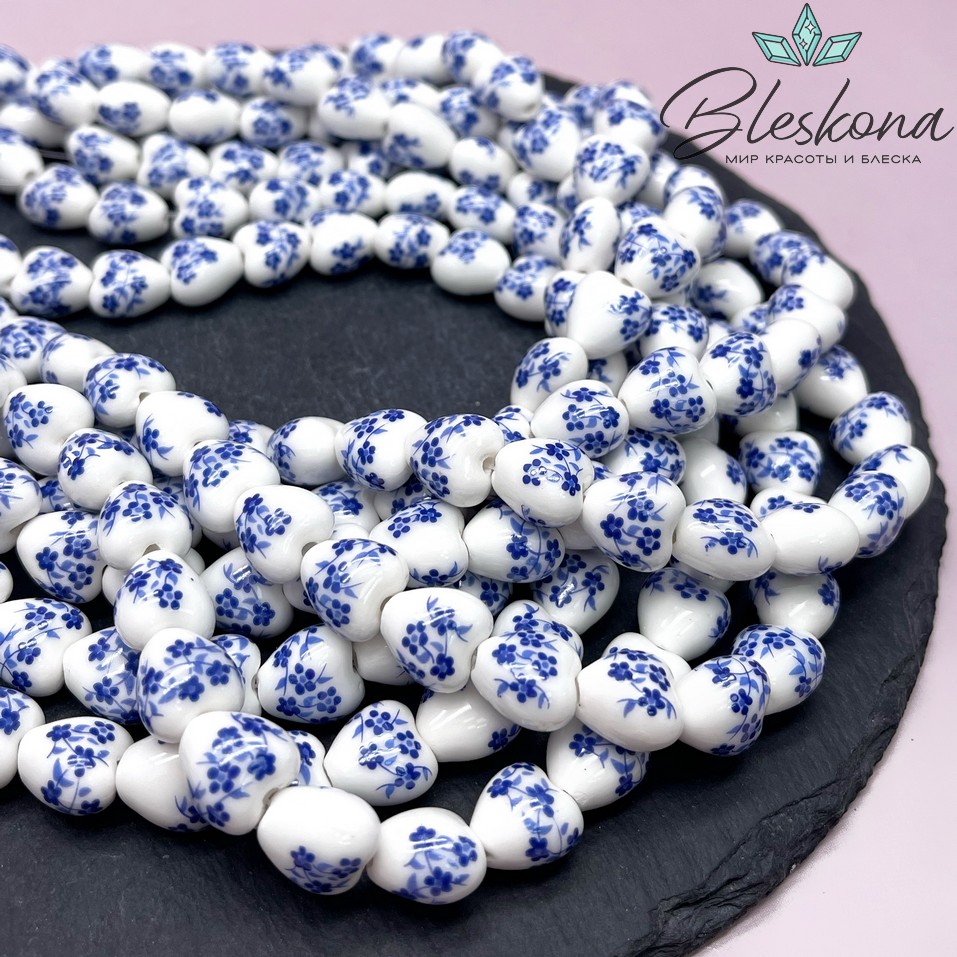 12 мм Керамика Бусина сердце роспись гжель №2 