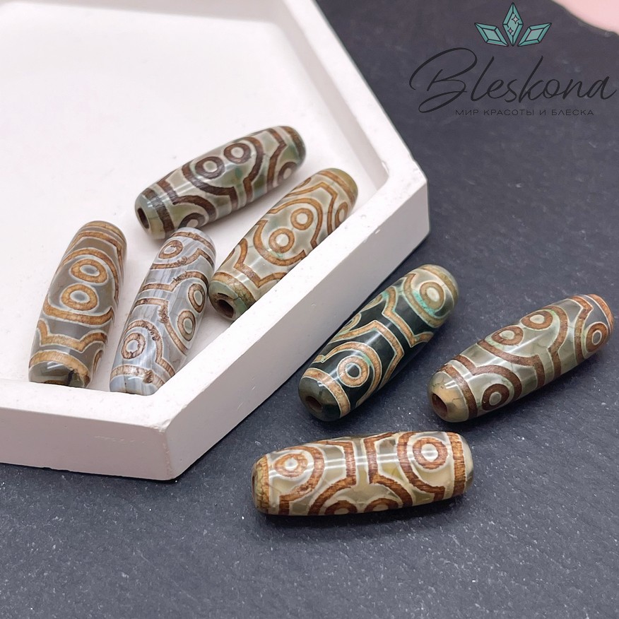 Бусина Дзи 8 глаз зелено-коричневый бочонок №1 30*11 мм