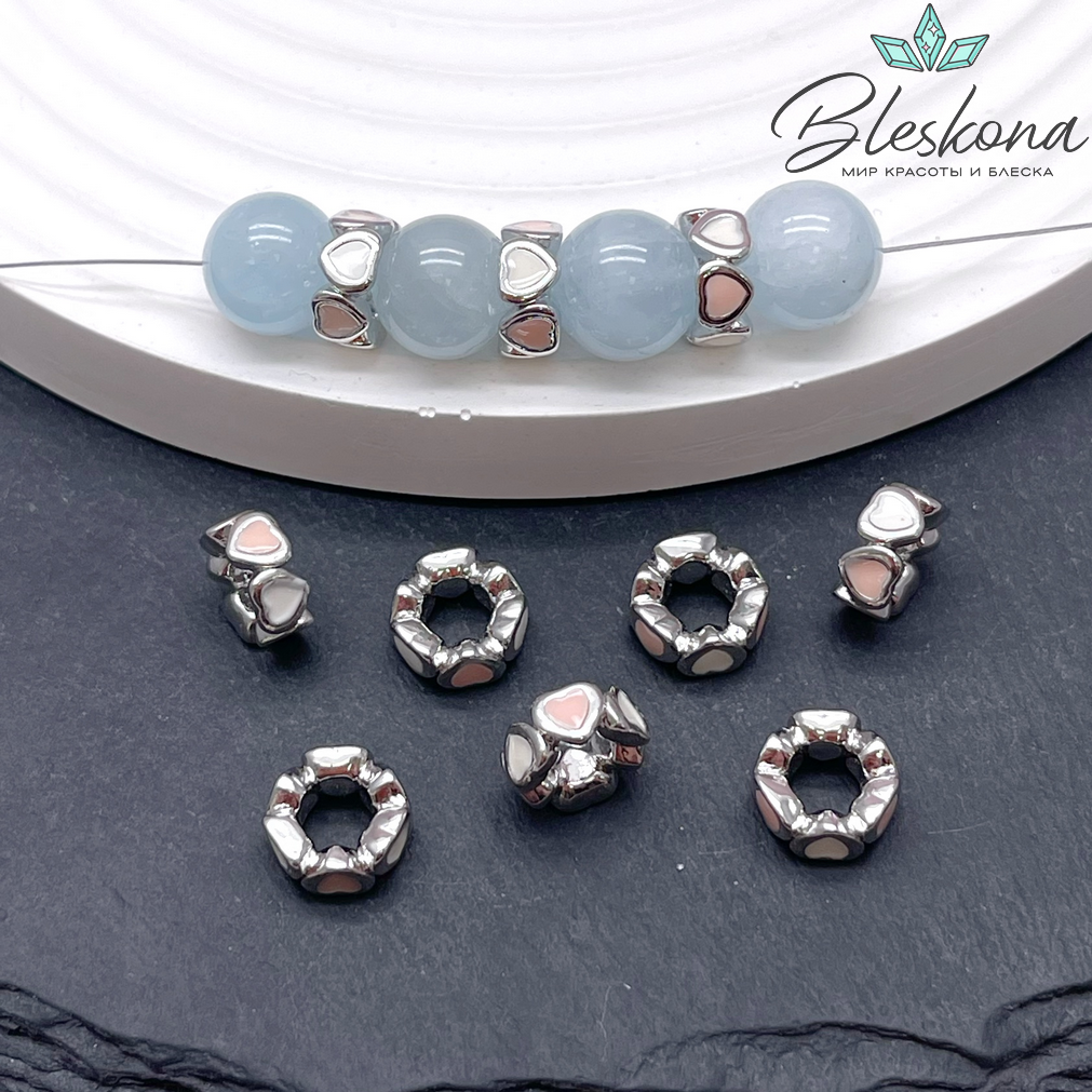 9*4 мм Цвет серебро, Бусина-разделитель сердца