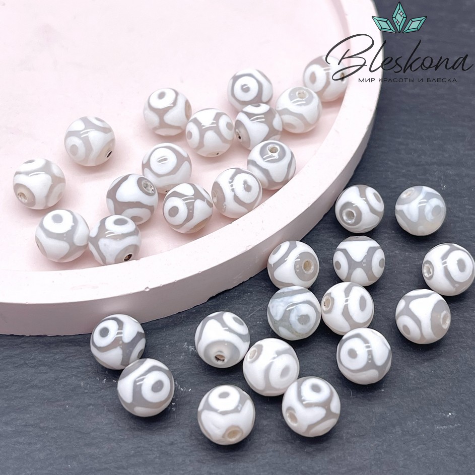 Бусина Дзи 3 глаза серо-белый шар 8 мм уп.15 шт.