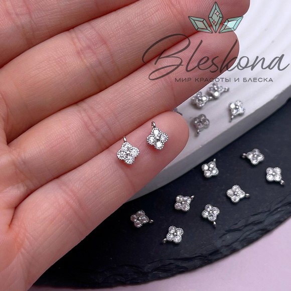 7,5*5 мм Цвет серебро, Подвеска мини клевер циркон