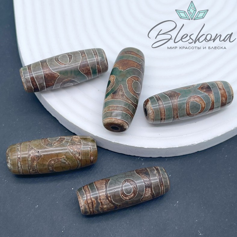 Бусина Дзи 3 глаза зеленый бочонок 40*14 мм