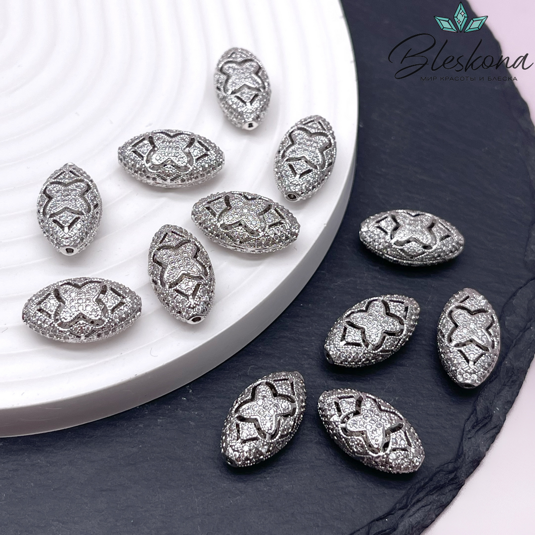 22*12,6 мм Цвет серебро, Бусина клевер цирконы 