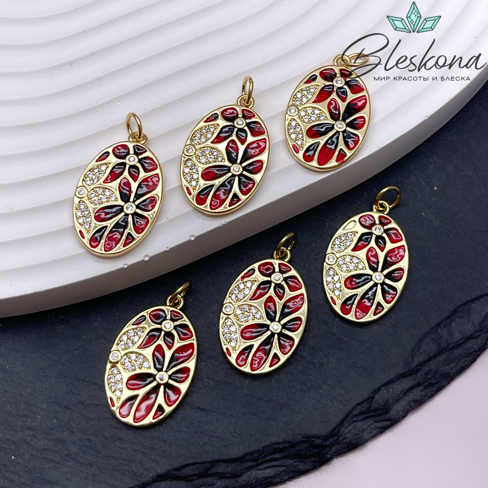 22*14 мм Цвет золото, Подвеска Овал цветы эмаль с цирконами