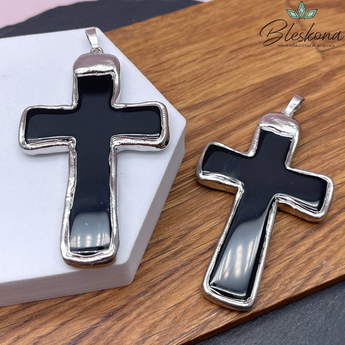 41*68 мм Цвет серебро, Подвеска крест Черный Агат в обрамлении