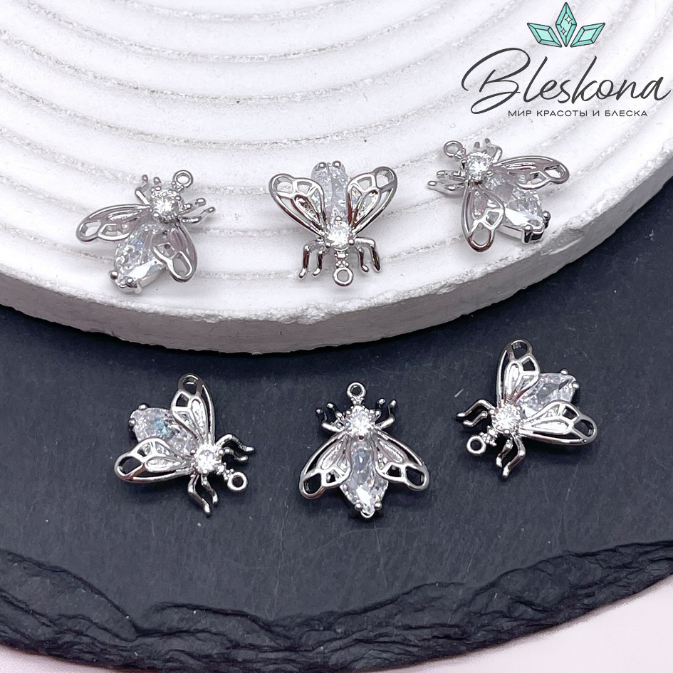 14,8*13,6 мм Цвет серебро, Подвеска Муха с цирконами 