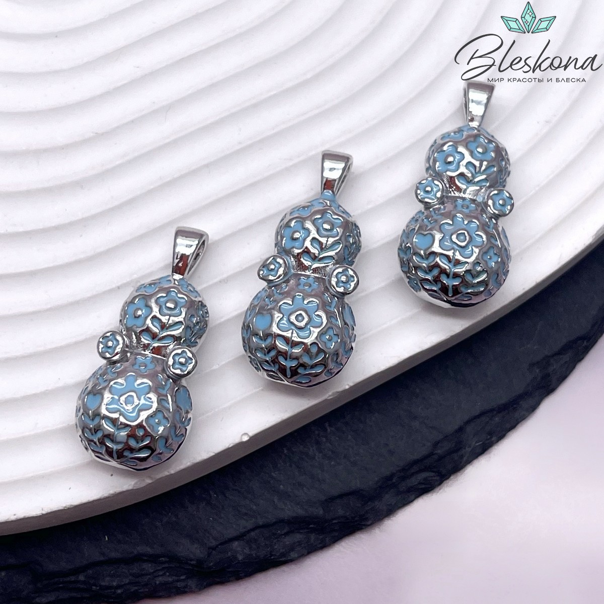 29,5*13,5 мм Цвет серебро, Подвеска Неваляшка цветочки голубая эмаль