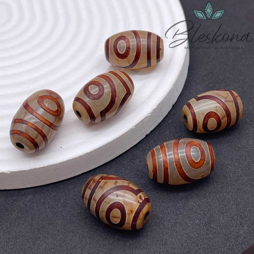 Бусина Дзи 2 глаза серо-коричневый бочонок 22*15 мм