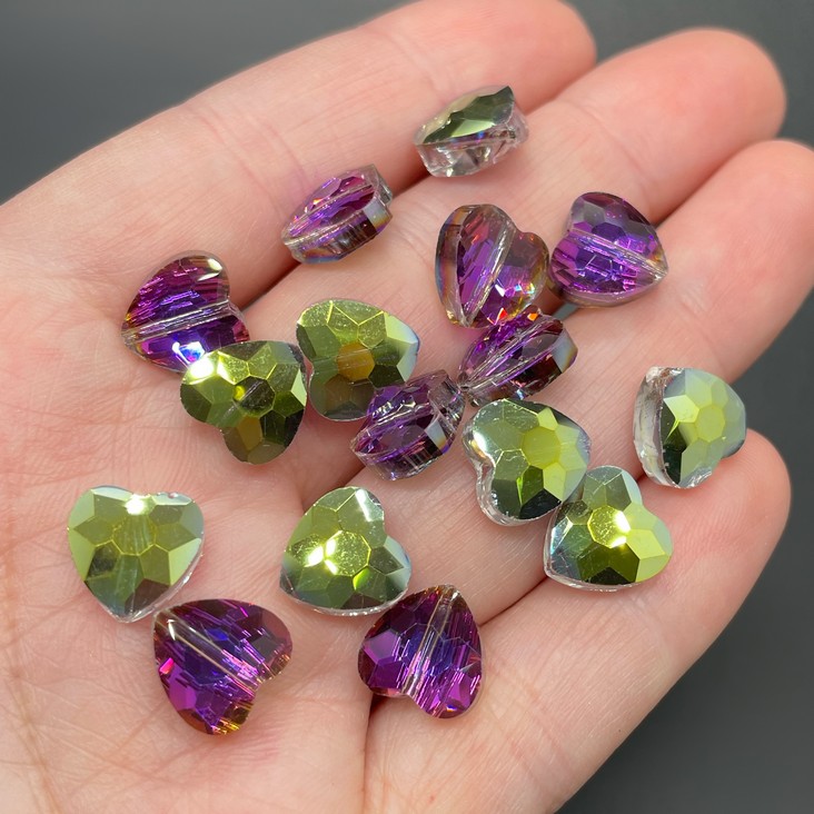 10 мм, Стекло Lux бусина сердце огр, фиолетово-зеленое уп.10шт